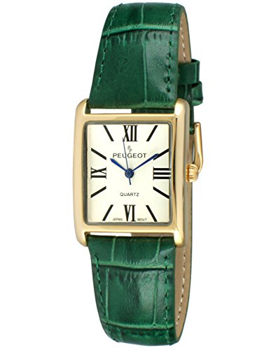 Pp Peugeot Women's 14K Gold Plated Tank Leather Dress Watch With Roman Numerals Dial, Green #TOP18