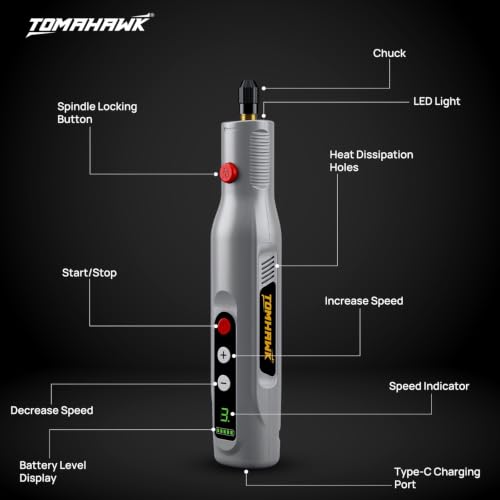 Image of TOMAHAWK MGK-3000 Cordless Electric Mini Drill Grinder Set - Variable Speed Rotary Tool Kit, Gray | For Drilling, Grinding, Cutting, Sanding & Polishing