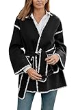 chouyatou Women's Fall Belted Embroidered Wool Jacket Business Casual Oversized Winter Wool Coat (Medium, Black White)