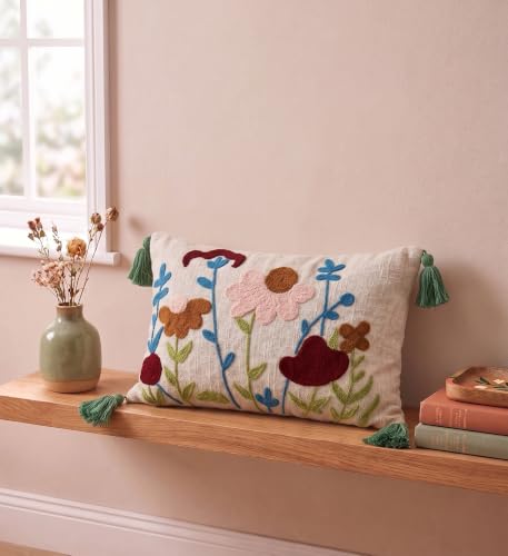 Image of Furnistitchs Boho Rectangle Cushion Cover 12x20 inches | Handmade Decorative Throw Pillow Case | Bohemian Home Decor Sofa Bed Cushion Cover Living Room Bedroom (2, Floral Cuts, 12x20 inches)