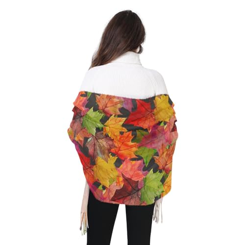 VIGTRO Women Wrap Pashmina Shawl Autumn Maple Leaves Cashmere Feel, Watercolor Fall Foliage Winter Warm Long Scarf with Tassels for Evening Dress & Wedding