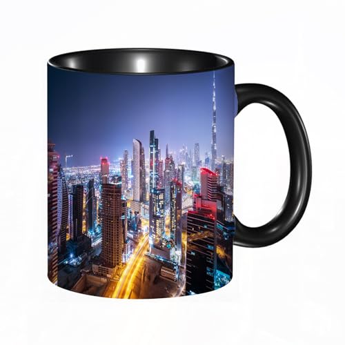 HRRASFAZF Tasse à Café | Tasse Céramique Fine | Cadeau Original | 330ml | Mug avec Anse | Cadeau Original pour Homme et Femme | Ville, nuit à Dubaï Vivid Display Émirats arabes unis,