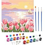 Canollo Malen Nach Zahlen Erwachsene Kinder, 20x20cm Tulpen Handgemalt Ölgemälde Kit, Malen Nach Zahlen Blumen mit Leinwand Pinseln Acrylpigment für Geschenke und Home Haus Deko