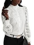 Rooscier Women's Lace Crochet Mock Neck Long Sleeve Button Elegant Blouse Shirt Top Solid White Medium
