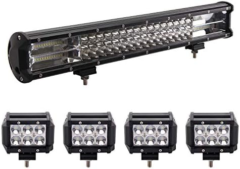 Bangbangche 1X 20'' 126W Flood Spot Combo CREE LED Light Bar, 4X 4'' 18W Flood Led Pods Lights Fog Lights, Waterproof Super Bright, Jeep Wrangler Boat Truck Tractor Trailer Off-Road, 1 Year Warranty