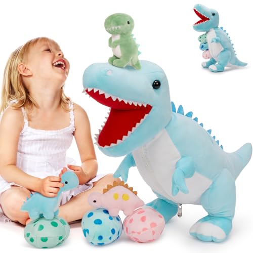 MorisMos Dinosaur Stuffed Animal with Babies,23.6'' Big Mommy Stuffed Dino T-rex with 3 Baby Dino Stuffed Toys & 3 Eggs Plush Inside Belly, Boy Girl Dinosaur Toys for Kid 3-5,Blue T-rex Toys Gift