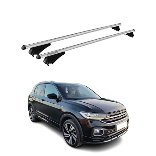 Menabo - Portabicicletas transversal compatible con VW T-Cross 2018-2022 | Portabicicletas TÜV, portaequipajes de techo, portaequipajes de techo, portaequipajes de aluminio, 2 piezas, color plateado