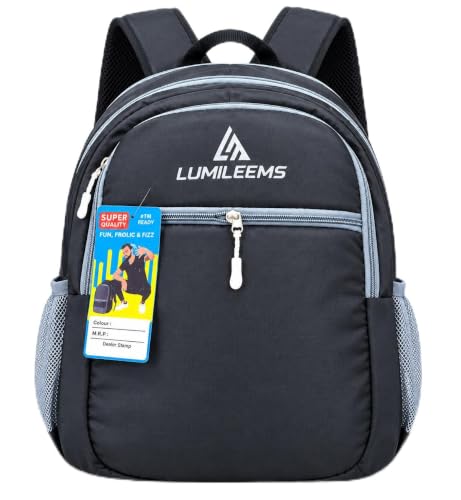 LUMILEEMS 15 L School Backpack for Boys & Girls, Lightweight Casual Backpack with Multiple Compartments, Front Zipper Pocket & Side Bottle Pocket, 13 x 29 x 38 cm, Black