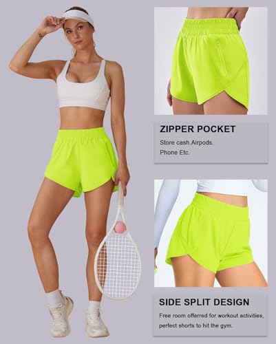Image of BMJL Women's Athletic Shorts Running Workout Shorts Gym High Waisted Summer Short with Waistband Pocket | built-in liner,thick elastic waistband,split side,comfy fabric,zipper pocket,longer back,workout,athletic,curved back line