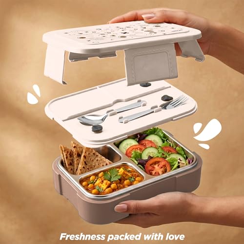 Image of MILTON Bravo 3 Inner Stainless Steel Tiffin Box for School, 3 Partition, Steam Release Plug| PU Insulated, Leak-Proof, Food Grade I Lunch Box for Kids Boys, Girls with Snap Lock Lid, 600 ml, Ivory