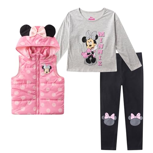 Ropa Para Niña, Softlines Private Label DISNEY - Conjunto de camisa de manga larga para niñas, diseño de Minnie Mouse Frozen Elsa Anna, chaleco y pantalones para niños pequeños, Rosado, 4 Años