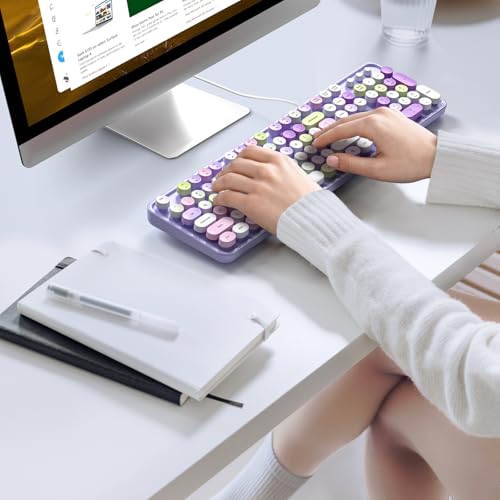 Image of KNOWSQT Wired Computer Keyboard - Purple Colorful Retro Full Size Round Keycaps Plug and Play Typewriter Cute Keyboards for Windows, Laptop, PC, Desktop, Computer