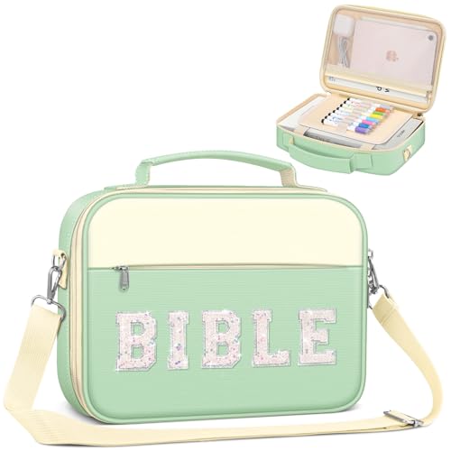 FINPAC Funda grande para Biblia con correa para el hombro, funda de transporte para libros, bolsa protectora de la Biblia con ranuras para bolígrafos y bolsillo con cremallera, regalo para mujeres y