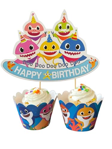 49Pcs Blue Shark Cupcake Decorations- 1 Happy Birthday Shark Cake Topper, 24pcs Shark Cupcake Toppers and 24pcs Cupcake Themed Cake Party Decoration for Birthday Party Supplies.
