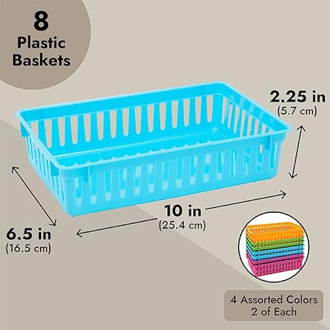 8 Pack Colorful Storage Bins for Classroom - Small Plastic Baskets for Organizing Shelves, Arts, Crafts, Desks, Toys (4 Colors, 10.3x6.5x2.3 in)