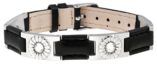 Sabona Black Leather Gem Stainless Magnetic Bracelet