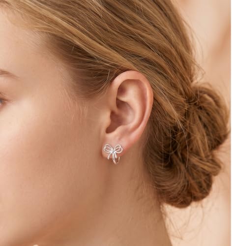 Image of Reffeer Solid 925 Sterling Silver Bow Hoop Earrings Ribbon for Women Girls Bowknot Hoop Earrings Huggie