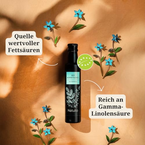 Natulio Borretschöl Bio kaltgepresst 250ml - zur Ernährung sowie zur Hautpflege geeignet - reich an Gammalinolensäure und Linolsäure - zertifiziert nach DE-ÖKO-006