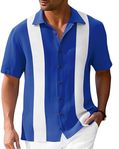 Mens Vintage Bowling Shirts Short Sleeve Button Down Guayabera Beach Shirts for Men