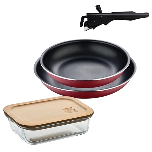 Bergner Click&Cook Juego de 2 Sartenes Ø22Ø26cm Aluminio prensado rojo con Mango extraíble+Hermético de 650ml en vidrio de borosilicato