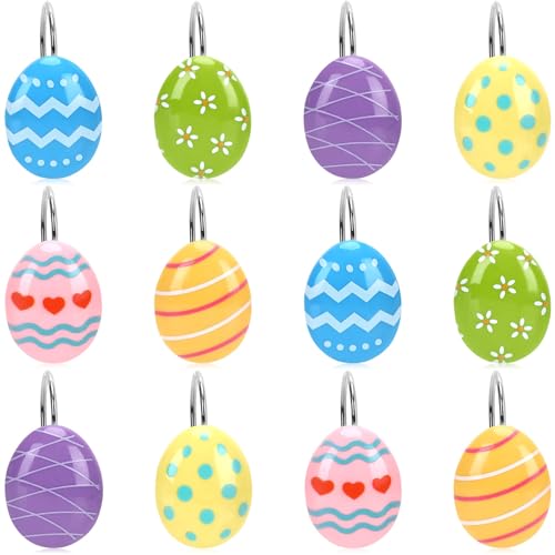 BOARDFEB Easter Shower Curtain Hooks Colorful Egg Design Bathroom Decor 12pcs Festive Spring Hooks for Home Party Decorating
