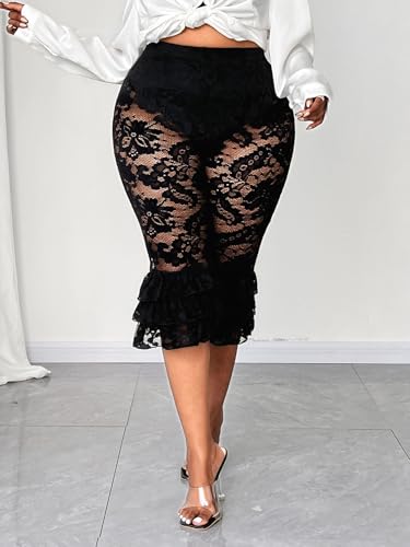 Women's Plus Size Lace Ruffle Layered Capri Pants High Waisted Sheer Cropped Leggings Trousers4