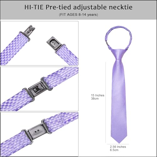 Image of Hi-Tie Boys Tie Pre-Tied Pocket Square Set Adjustable Kids Neckties Age 7-11 Years School UniForm Graduation
