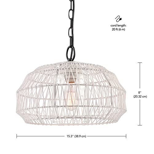 Novogratz X Globe 44760 1-Light Outdoor Plug-In Pendant Light, White Woven Fabric Shade, Matte White, Designer White Fabric Hanging Cord, E26 Base Socket, Kitchen Island, Café, Ceiling Hanging Light #TOP6