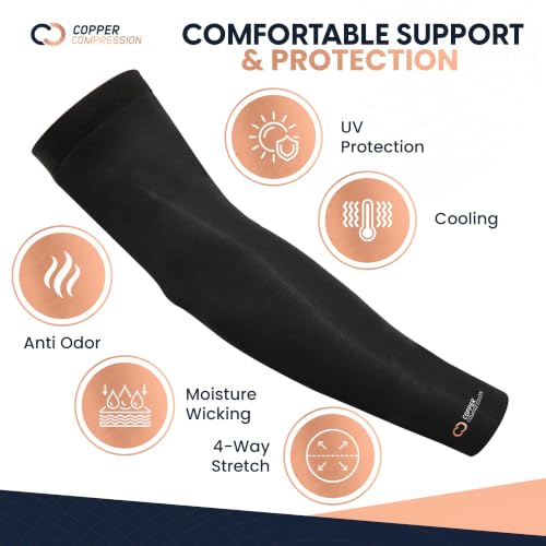 Image of Copper Compression Arm Sleeve - Copper Infused Full Arm Brace for Forearm, Bicep, Triceps - Tennis Elbow, Basketball, Golf, Arthritis, Tendonitis, Bursitis, Post Surgery Rehab - Odor Resistant - Black - L
