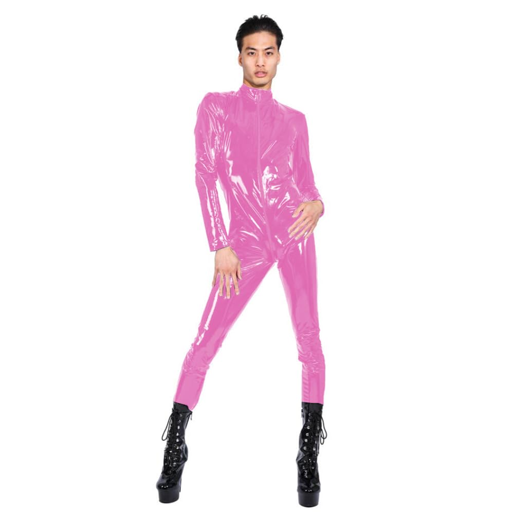 Lissage PVC Cuir Catsuit Sissy Faux Cuir Manches Longues Fermeture éclair Combinaison Maigre col Montant Latex Look Barboteuse Justaucorps Zentai