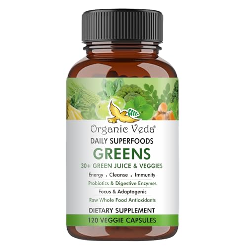 Organic Veda Superfoods Greens Capsules - 30+ Super Green Juice and Veggies Supplement with Moringa, Matcha, Spirulina, Chlorella, Turmeric - Antioxidants, Probiotics & Digestive Enzymes - 120 ct -  Ancient Greenfields Pvt Ltd, SGC