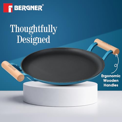 Image of BERGNER Excalibur Lightweight Cast Iron Dosa Tawa 28cm, Double Sided Sturdy Handle, Non-Stick Coating, PFAS Free, Perfect Heat Distribution, Elegant Design - Induction Compatible (Blue)