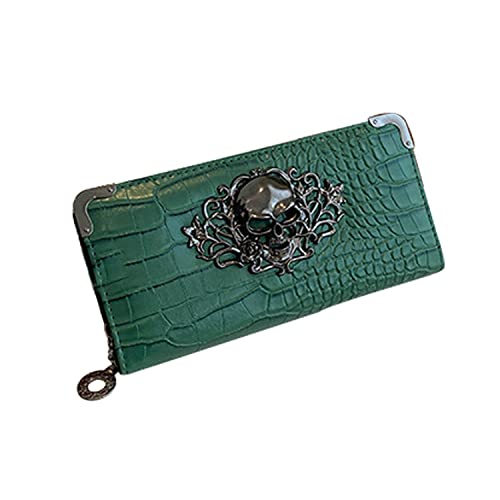 Goth Wallet Skull Clutch Bag PU Leather Gothic Purse (Green)