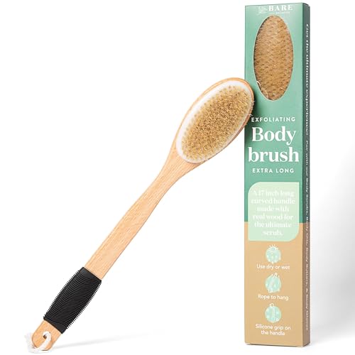 Bare Botanics 17 Dry Brushing Body Brush - Medium Firmness, Natural Color & Silicone Grip - Extra Long Bath Brush for Your Back w/Ergonomic Curved Handle Desig & Hang Rope