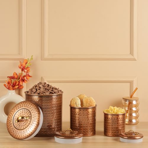 Image of Antique Copper Plated Kitchen Storage Canister Set - Large, Medium & Small (1.9L, 1.4L & 1L) Kitchen Container Set, Airtight Jars, Storage Boxes, Canisters Set for Kitchens (Set of 3)