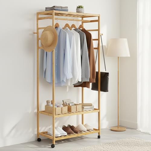 unho Armario Abierto con Ruedas, Perchero Burro de Madera Bambú Perchero de Pie con 2 Estantes y 4 Ganchos para Ropa Zapatos Bolsas para Dormitorio Entrada Salon 78 x 41 x 169 cm
