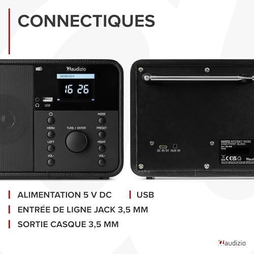 Audizio Nardo Radio Réveil Internet WiFi - Noir, Dab+ & FM, Bluetooth, Météo, 32 000 Stations, Télécommande, Lecteur MP3 USB, Idéal pour Écouter Vos Stations Radios Préférées – vue 5
