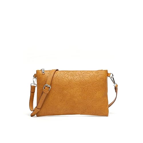 MISAKO Monoflor bolso bandolera pequeño con asa de mano con grabado floral ED. Mujer - Monoflor Mostaza 18 X 27 X 4 cm