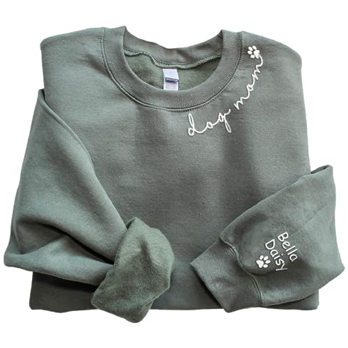 Personalized Dog Mom Mama Embroidered Sweatshirt Names On Sleeve, Custom Dog Mom Birthday Hoodie T-Shirt
