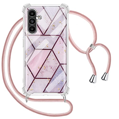 Tawarror Coque pour Samsung Galaxy A04S/ Samsung Galaxy A13 5G avec Cordon de Collier, Marbre Housse en TPU Souple et PC Dur Lanière avec Cordon Réglable Lanyard, Or Rose Cover