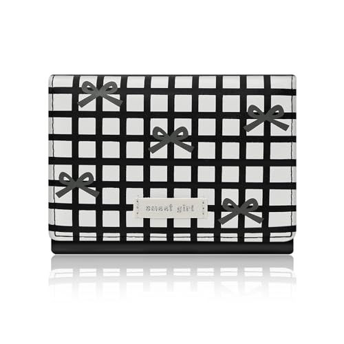 Small Wallets Woman, Cute Tri-fold Coquette Wallet for Women, Checkered Bow Credit Card Coin Holder Purse with ID Window for Key Cash Change (Black)