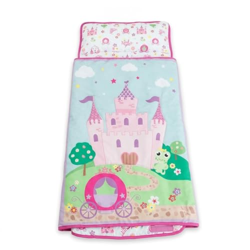 Image of EVERYDAY KIDS Toddler Nap Mat with Removable Pillow -Princess Storyland- Carry Handle with Fastening Straps Closure, Rollup Design, Soft Microfiber for Preschool, Daycare, Sleeping Bag -Ages 2-6 years
