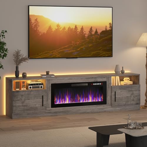 Lemberi Fireplace tv Stand with 36 inch Fireplace Up to 90" TVs, LED Light Entertainment Center and Storage, 80" Modern Wood Media TV Console with Highlight Cabinet for Living Room (Gray)