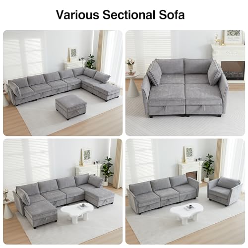 Image of ORRD Sleeper Modular Sectional Sofa Set, Convertible Couch Bed with Storage, 4 Seater and 4 Armrestes Sofa Modular for Living Room, Office (Grey)