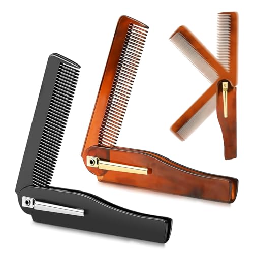 LAXDAMRE 2PCS Portable Folding Hair & Beard Comb Set Fine Tooth Combs for Men Ideal for Travel and Daily Use Perfect for Grooming Both Beard and Hair. (Black succinite)
