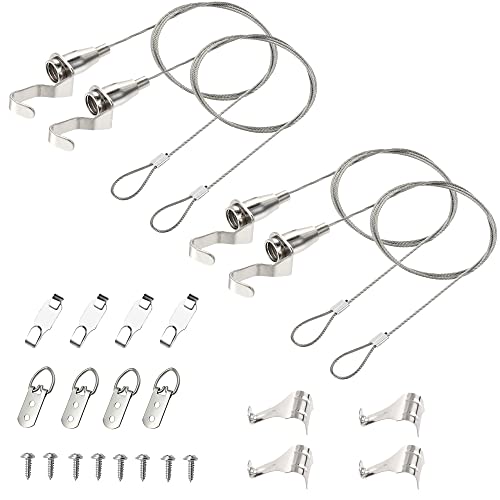 Image of 4 Pack Heavy Duty Picture Rail Hooks and Wire Hanging Kit for Mirror Wall Light Lamp with 2M Wire Cables, Adjustable Hooks & Steel Picture Molding Hangers for Exhibition, Art Gallery Display