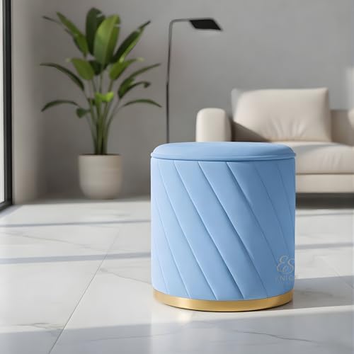 Image of Premium Velvet Ottoman Stool | Modern Round Pouffe with Gold Base | Multipurpose Seating | Living Room & Bedroom Decor (Sky Blue Set of 2)