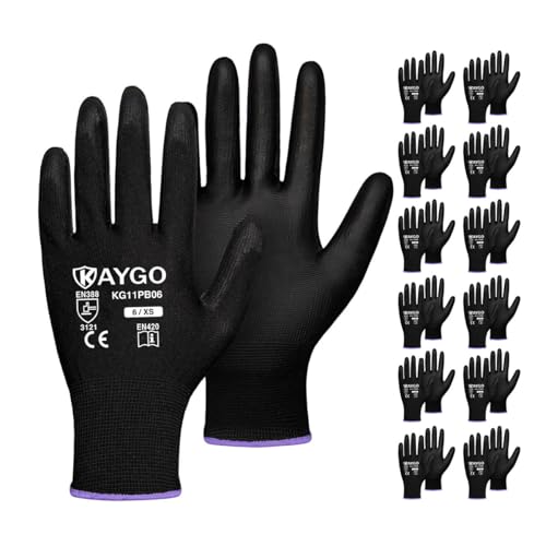 Image of KAYGO Safety Work Gloves for Men Women, PU Coated Palm & Fingers, KG11P | Smooth Grip, Breathable & Lightweight, 13-Gauge Seamless Knit, for Light Warehouse, Manufacturing, Gardening