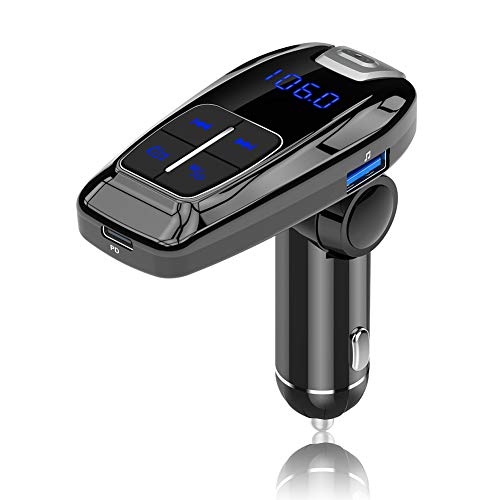 Coche Transmisor FM de Bluetooth V5.0 Manos Libres para Moto, HOTSO Emisora de Radio Reproductor de Música MP3 en Mechero Receptor Llamadas con QC3.0 Carga Rápida Universal para iOS y Android