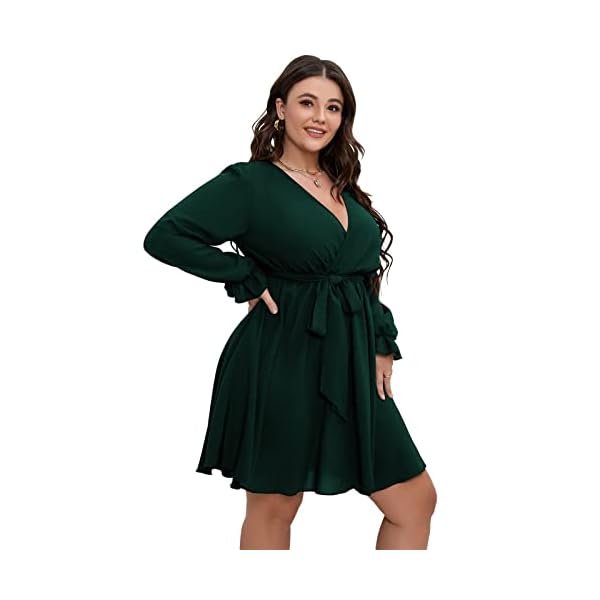 SCOMCHIC-Womens-Plus-Size-Long-Sleeve-Wrap-V-Neck-Tie-Waist-A-Line-Mini-Short-Dress SCOMCHIC Women's Plus Size Dress V Neck Long Sleeve Casual Short Mini Dress Emerald Green Wedding Party Dress 2XL